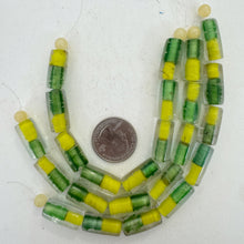 clear yellow green, inside lined motif, vintage stock glass, 19x10mm tube,   6" strand, SOLD PER STRAND