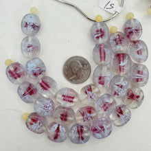 clear red purple periwinkle blue, dotted swirl inside lined motif, vintage stock glass, 18x15x7mm oval, 6" strand, SOLD PER STRAND