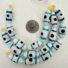 white blue red black, line swirl motif, vintage stock glass, 27x12mm bowed tube, 6" strand, SOLD PER STRAND