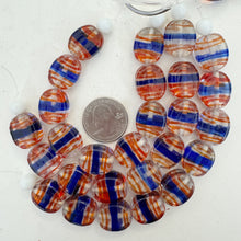 clear blue red, stripe swirl motif, vintage stock glass, 19x16x7mm oval, 6" strand, SOLD PER STRAND