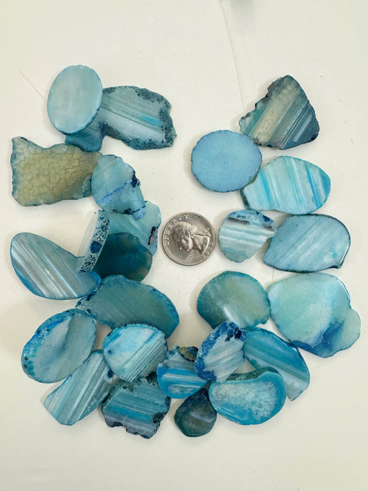 bright blue enhanced agate, 25-50mm slices pendants mix, 15