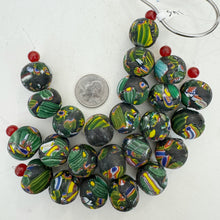 matte green yellow red white blue black millefiori motif, vintage stock glass, 18-21mm round mix,  6" strand, SOLD PER STRAND