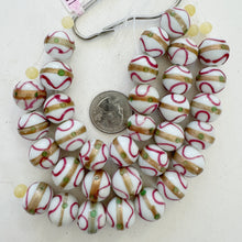 white dark magenta copper green, dotted swirl line motif, vintage stock glass, 16x14mm rondelle,  6" strand, SOLD PER STRAND