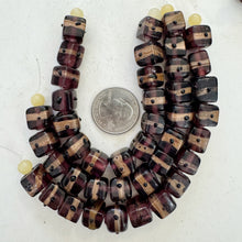 dark red purple black copper, dotted stripe motif, vintage stock glass, 12mm cube, 6" strand, SOLD PER STRAND