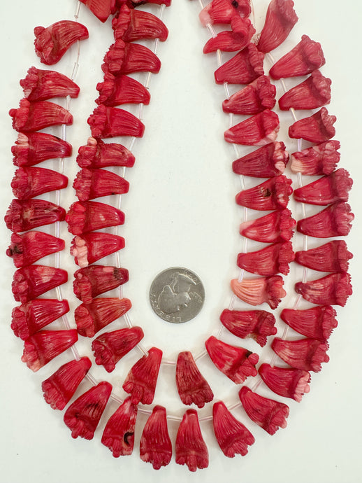 color enhanced ox blood coral, 24x13x7mm hand carved flower blossoms motif pendant, 15