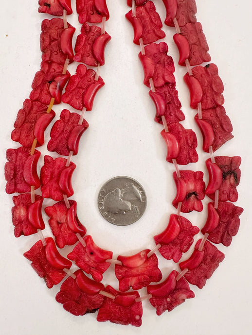 color enhanced ox blood coral, 19-22mm hand carved flower blossoms motif pendant, 15