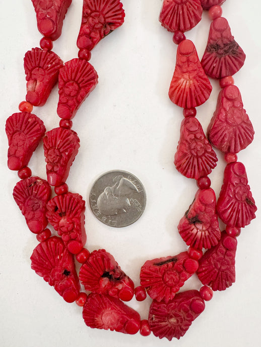 color enhanced ox blood coral, 22-28mm hand carved fan floral motif, 15
