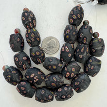 matte pale dark olive green red white yellow black millefiori motif, vintage stock glass, 24x18mm bowed barrel mix, 6" strand, SOLD PER STRAND