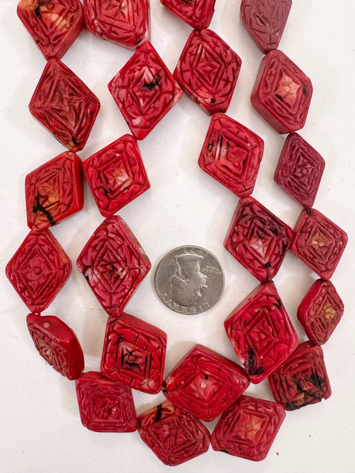 color enhanced ox blood coral, 22-33mm hand carved floral motif diamond, 15