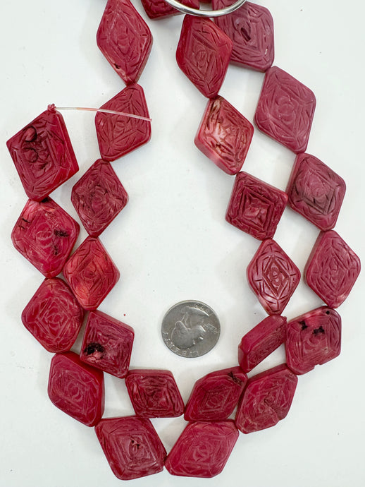 color enhanced ox blood coral, 22-33mm hand carved floral motif diamond, 15