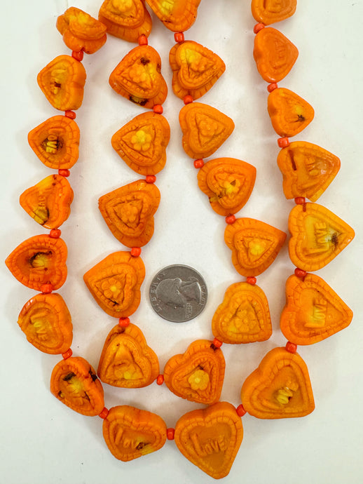 bright orange color enhanced coral, 18-27mm hand carved floral OK motif heart pendant, 15