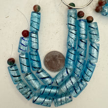 light electric blue dark blue metallic silver, crackle inside lined motif, vintage stock glass, 21x11mm tube, 6" strand, SOLD PER STRAND