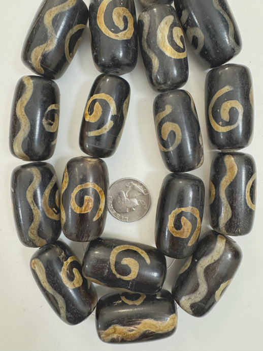 black off white golden horn, spiral squiggle line motif, 42x23mm tube, 15