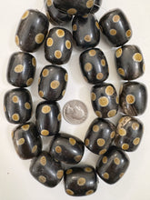 black off white golden horn, small polka dot motif, 32x24mm barrel tube, 15" strand, sold per strand