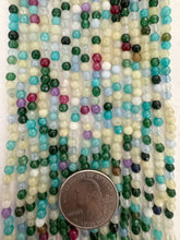 color enhanced quartz: green blue yellow multi, 4mm faceted round, 15" strand,  SOLD PER STRAND