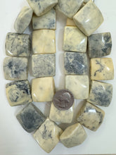 pale off white yellow black swirl, vintage look resin, 28x28x15mm square, 15" strand, sold per strand