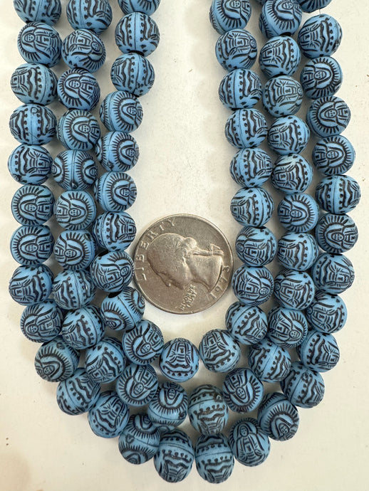 pale blue black , carved design buddha motif, large hole, vintage look acrylic, 10mm round, 15