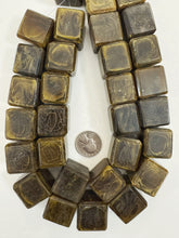 dark olive green crackle motif, vintage look resin, 23mm cube, 15" strand, sold per strand