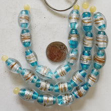 clear mint blue copper metallic silver, inside lined motif, vintage stock glass, 19x12mm bowed tube, 6" strand, SOLD PER STRAND
