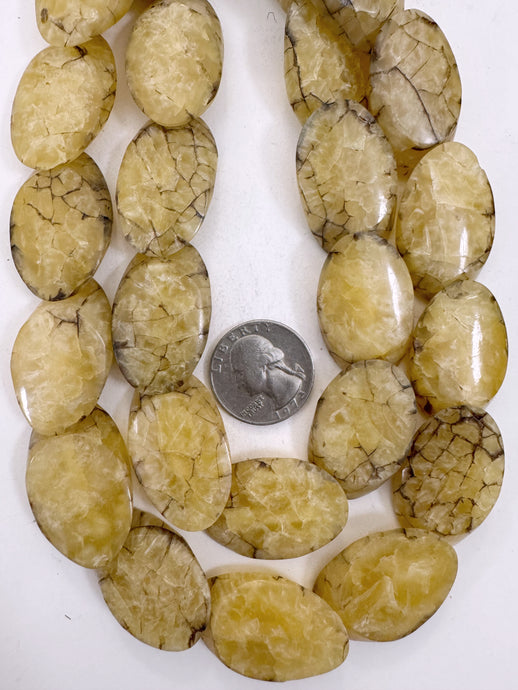 pale yellow dark brown crackle, vintage look resin, 34x22x7mm overlapping oval, 15