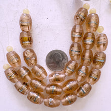 pale peach amber blue metallic silver, inside lined motif, vintage stock glass, 17x13mm bowed tube, 6" strand, SOLD PER STRAND