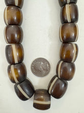 brown off white stripes, faux bone motif, vintage look resin, 21x20mm barrel, 15" strand, sold per strand