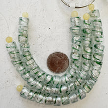 clear green multi metallic silver, swirl inside lined motif, vintage stock glass, 10x8mm rondelle, 6" strand, SOLD PER STRAND