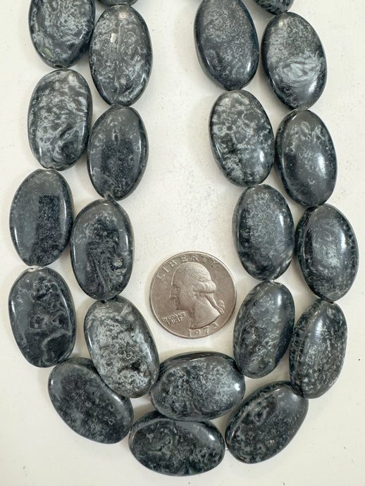 pearly dark blue gray, vintage look resin, 26x16x7mm oval, 15