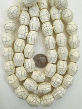 off white pale dark blue crackle, vintage look resin, 21x17mm bicone barrel, 15" strand, sold per strand
