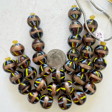 brown pale blue yellow copper, lined stripe motif, vintage stock glass, 17x16mm barrel, 6" strand, SOLD PER STRAND