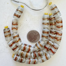 clear white burnt orange copper, swirl motif, vintage stock glass, 24x12mm tube, 6" strand, SOLD PER STRAND