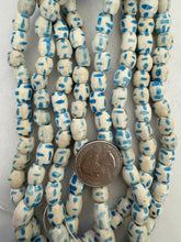vintage stock ceramic beads, blue off white, lines motif, 9x8mm barrel, 15" strand,  SOLD PER STRAND