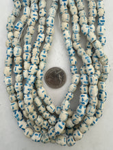 vintage stock ceramic beads, blue off white, lines motif, 9x8mm barrel, 15" strand,  SOLD PER STRAND