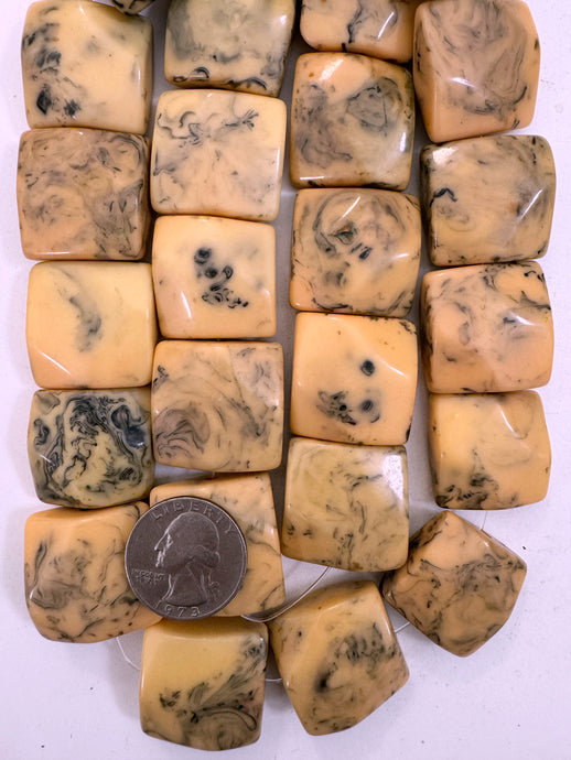 pale yellow peach black swirl, vintage look resin, 26x26x14mm corner cut rectangle, 15