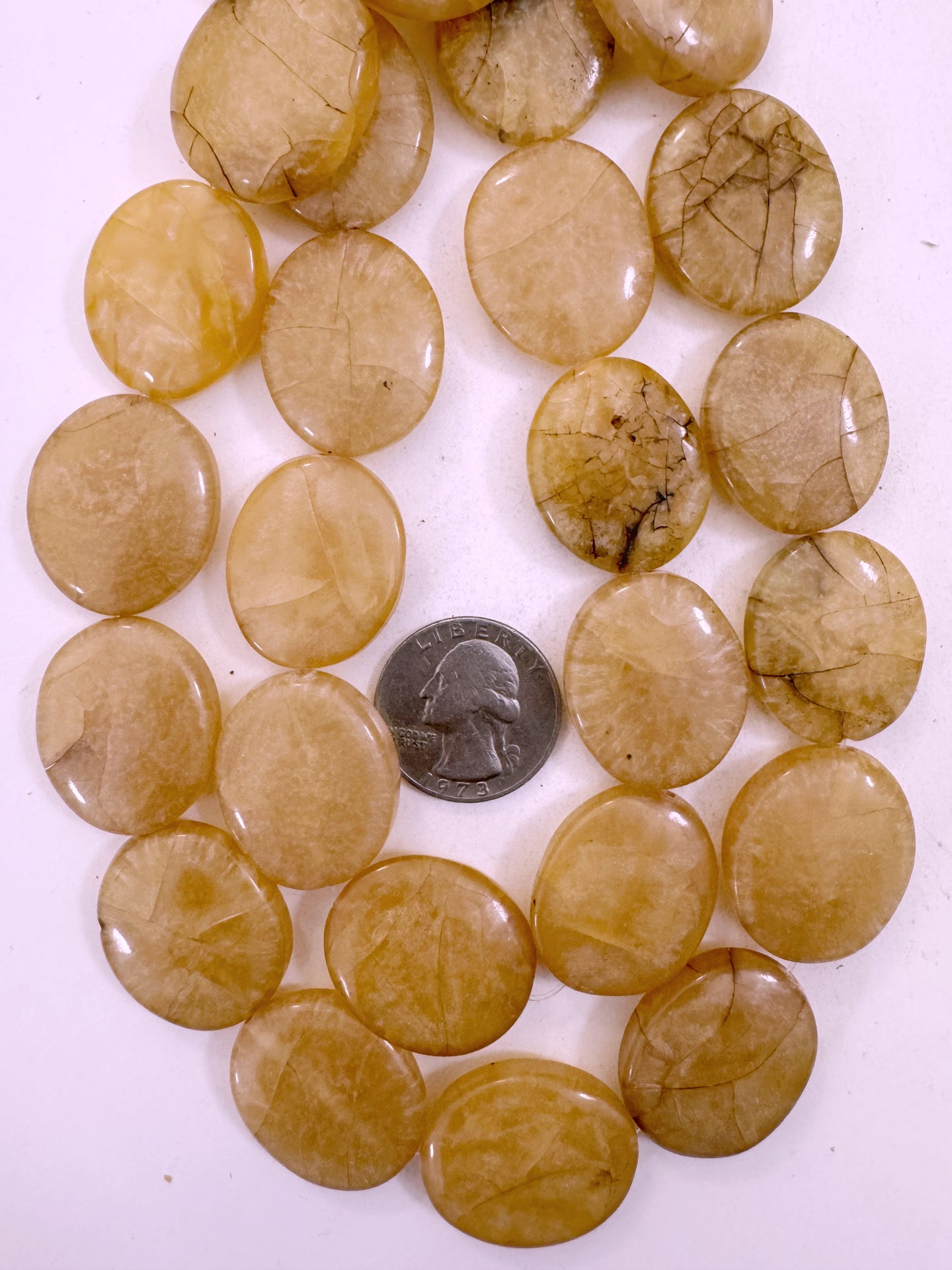 pale yellow peach dark crackle, vintage look resin, 28x23x9mm oval, 15