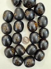 dark brown golden flower motif, faux bone, vintage look resin, 32x30mm barrel, 15" strand, sold per strand