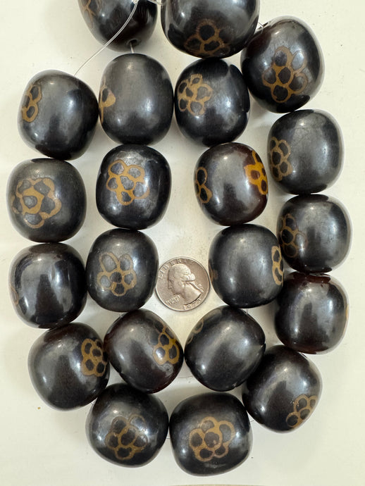 dark brown golden flower motif, faux bone, vintage look resin, 32x30mm barrel, 15