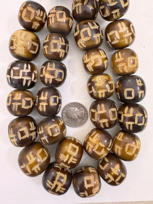 golden brown off white carved lines square motif, faux bone, vintage look resin, 24x22mm rondelle, 15