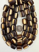brown off white stripe motif, faux bone, vintage look resin, 19x17mm barrel tube, 15" strand, sold per strand
