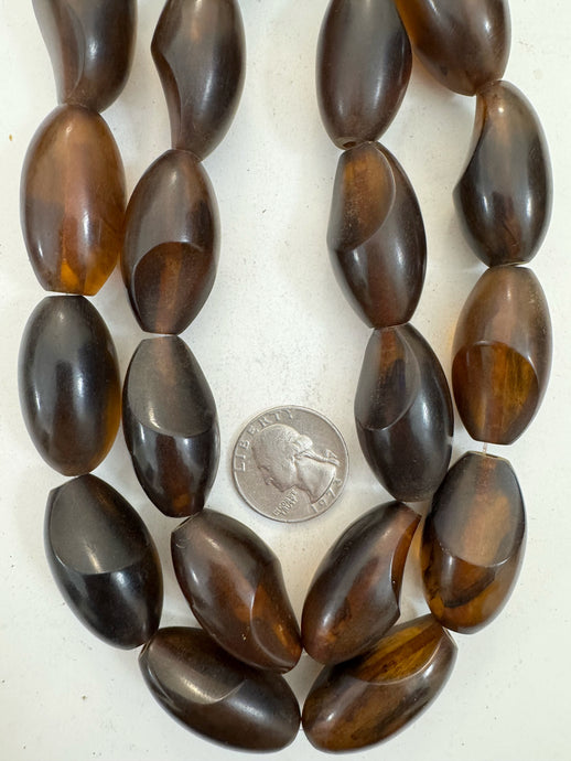 dark orange brown amber, faux amber, single color, vintage look resin, 33x18mm slice cut bowed tube, 15