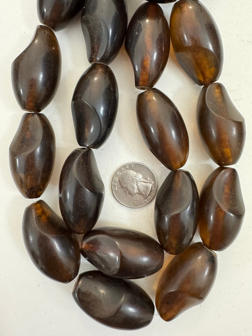 dark orange brown amber, faux amber, single color, vintage look resin, 40x22mm slice cut bowed tube, 15