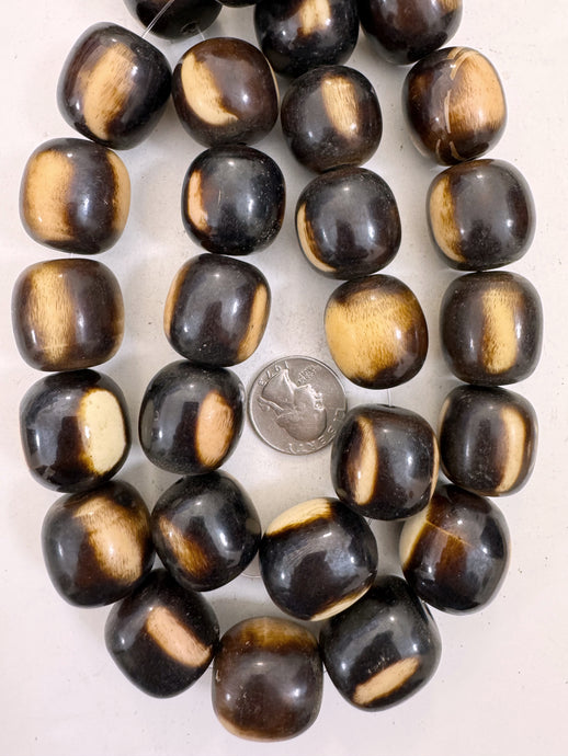 brown peach off white stripe motif, faux bone, vintage look resin, 23mm nugget round, 15