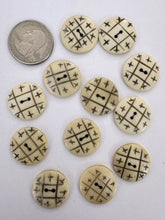 off white carved dark lines, crossing lines thatch motif, vintage stock bone, 20x20x3mm coin 2 hole button,   60 PIECE DISCOUNT LOT