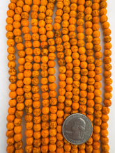 color enhanced magnesite: bright tangerine orange, 6mm round, 15" strand, SOLD PER STRAND