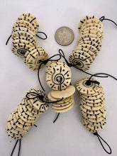 off white carved dark lines, coil dots motif, vintage stock bone, 26x26x3mm coin 2 hole button,  60 PIECE DISCOUNT LOT