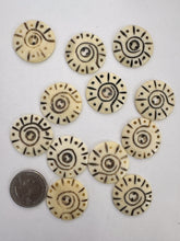 off white carved dark lines, coil dots motif, vintage stock bone, 26x26x3mm coin 2 hole button,  60 PIECE DISCOUNT LOT
