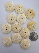 off white carved lines, geometric motif, vintage stock bone, 27x27x4mm coin 2 hole button,   60 PIECE DISCOUNT LOT