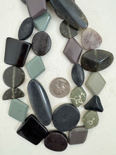 pale purple mint black gray flat shape mix, vintage look resin, 15" strand, sold per strand