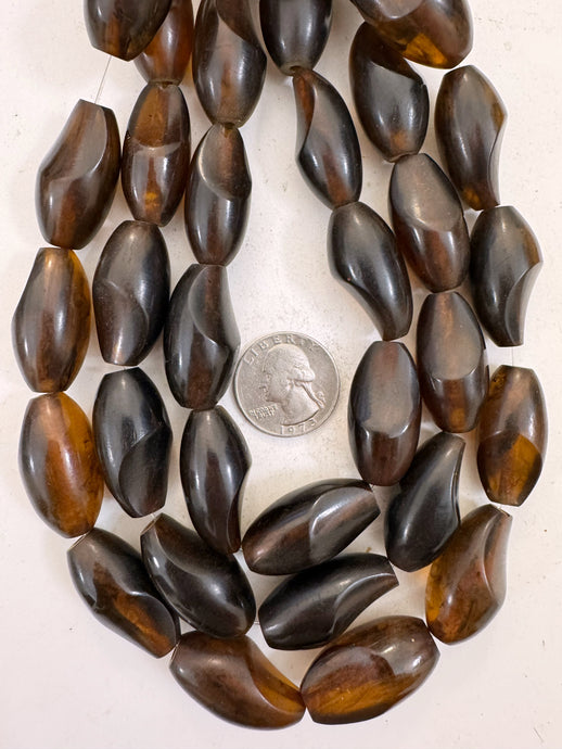 dark orange brown amber, faux amber, single color, vintage look resin, 30x16mm slice cut bowed tube, 15