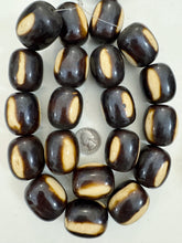 dark chocolate brown off white stripe, faux bone, vintage look resin, 35x29mm barrel tube, 15" strand, sold per strand